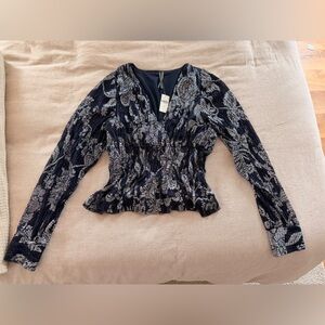 Anthropologie Navy and White Floral Blouse